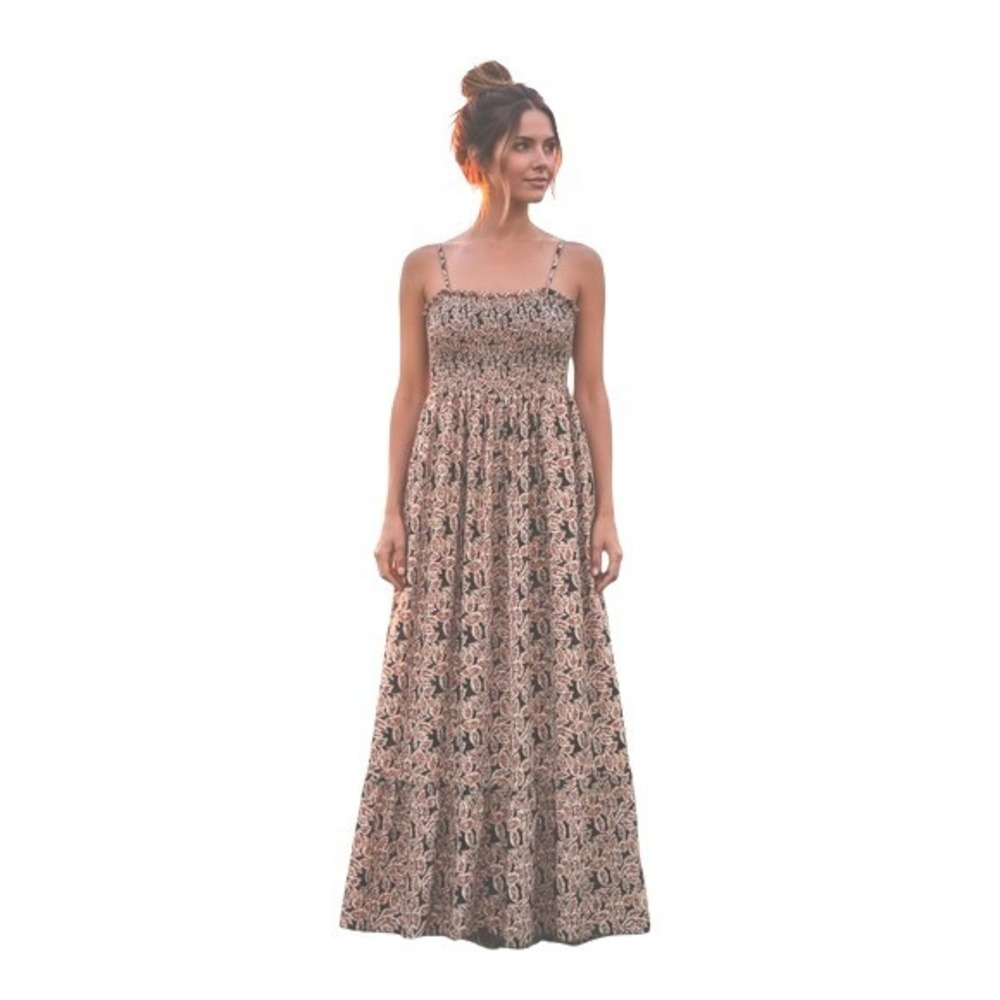 Kori Womens size Small Leaf Printed Smocked Bodice Beacchy Casual Maxi Dress